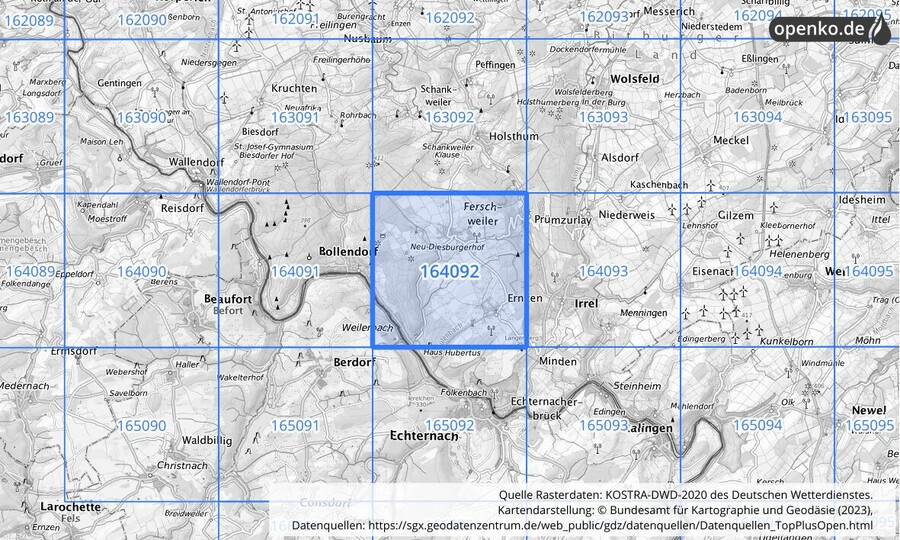 Übersichtskarte des KOSTRA-DWD-2020-Rasterfeldes Nr. 164092