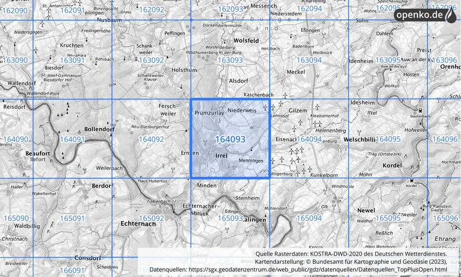 Übersichtskarte des KOSTRA-DWD-2020-Rasterfeldes Nr. 164093