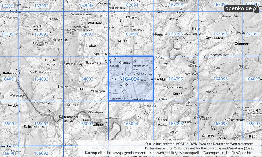 Übersichtskarte des KOSTRA-DWD-2020-Rasterfeldes Nr. 164094