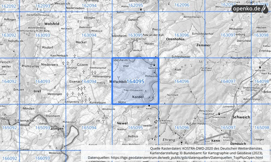 Übersichtskarte des KOSTRA-DWD-2020-Rasterfeldes Nr. 164095