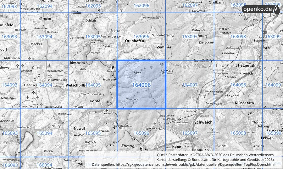 Übersichtskarte des KOSTRA-DWD-2020-Rasterfeldes Nr. 164096