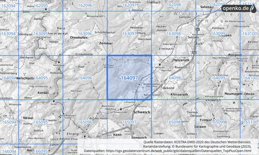 Übersichtskarte des KOSTRA-DWD-2020-Rasterfeldes Nr. 164097