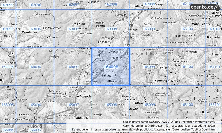 Übersichtskarte des KOSTRA-DWD-2020-Rasterfeldes Nr. 164098