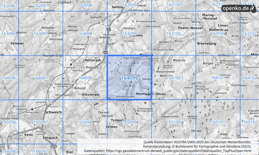 Übersichtskarte des KOSTRA-DWD-2020-Rasterfeldes Nr. 164099