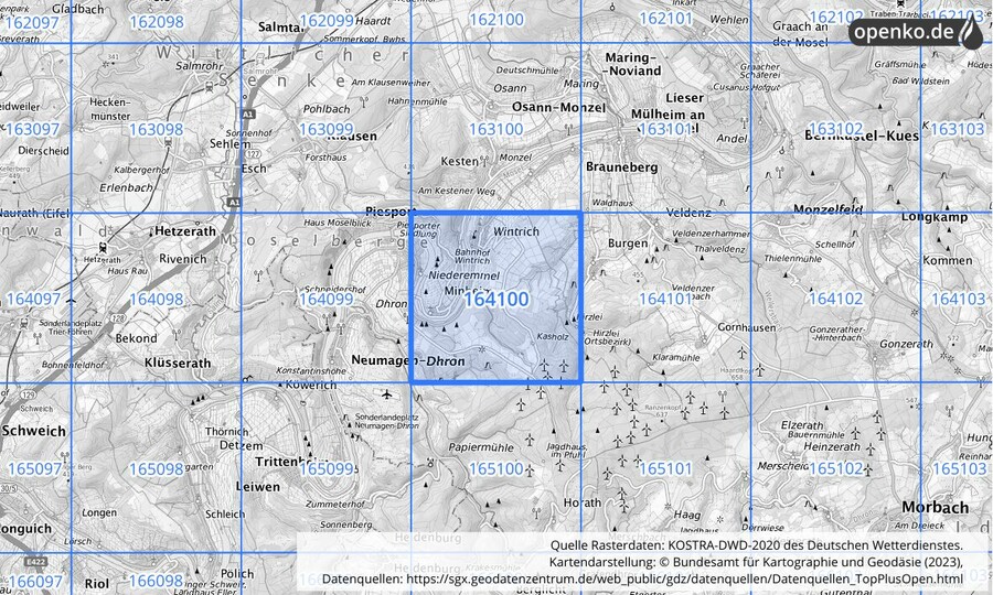 Übersichtskarte des KOSTRA-DWD-2020-Rasterfeldes Nr. 164100