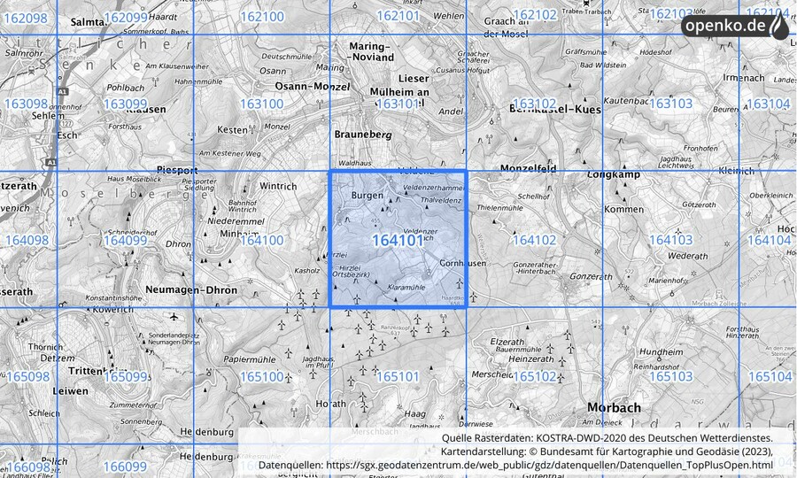 Übersichtskarte des KOSTRA-DWD-2020-Rasterfeldes Nr. 164101