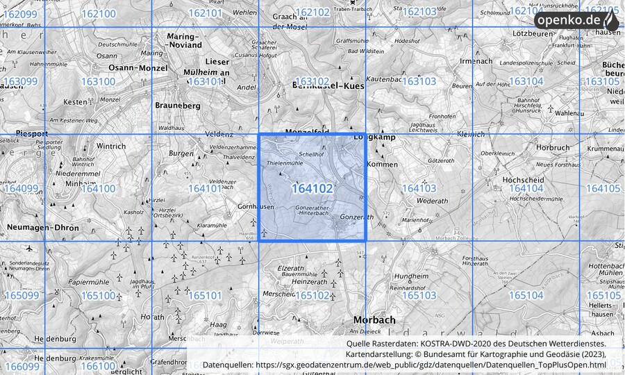 Übersichtskarte des KOSTRA-DWD-2020-Rasterfeldes Nr. 164102