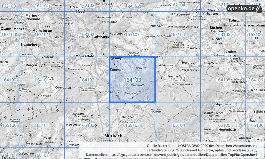 Übersichtskarte des KOSTRA-DWD-2020-Rasterfeldes Nr. 164103