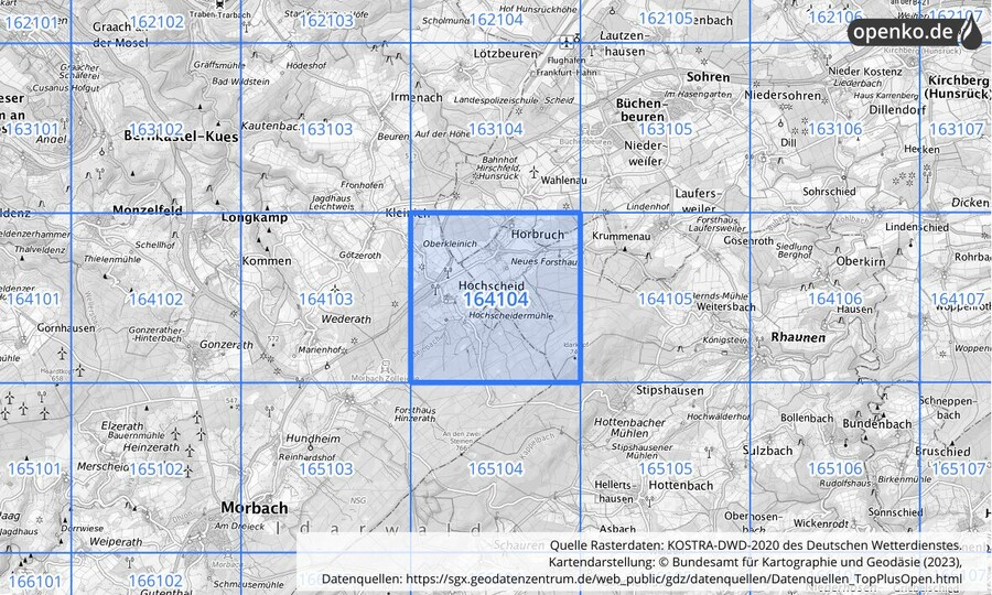 Übersichtskarte des KOSTRA-DWD-2020-Rasterfeldes Nr. 164104