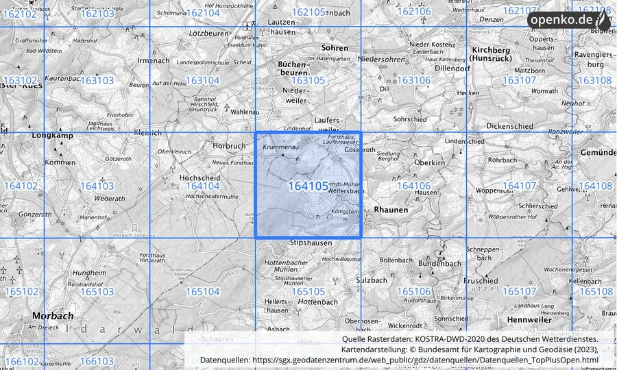 Übersichtskarte des KOSTRA-DWD-2020-Rasterfeldes Nr. 164105