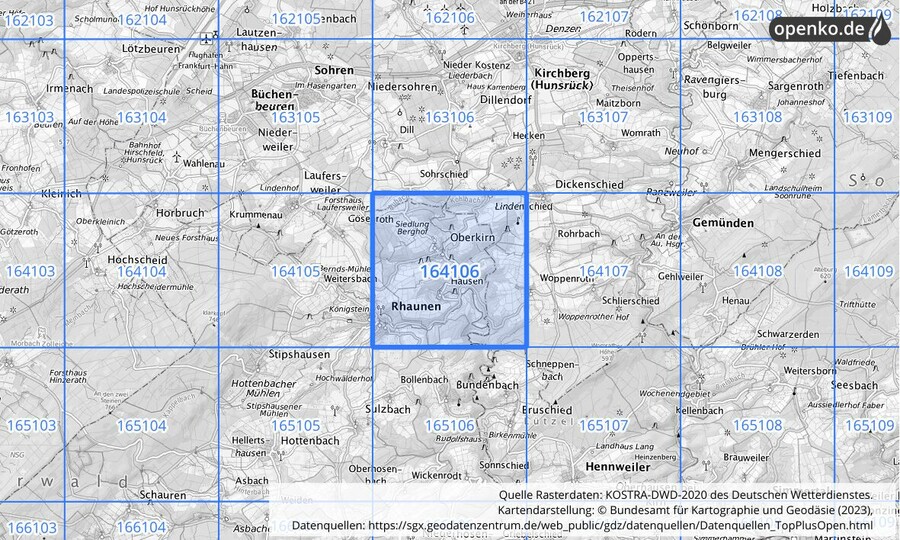 Übersichtskarte des KOSTRA-DWD-2020-Rasterfeldes Nr. 164106