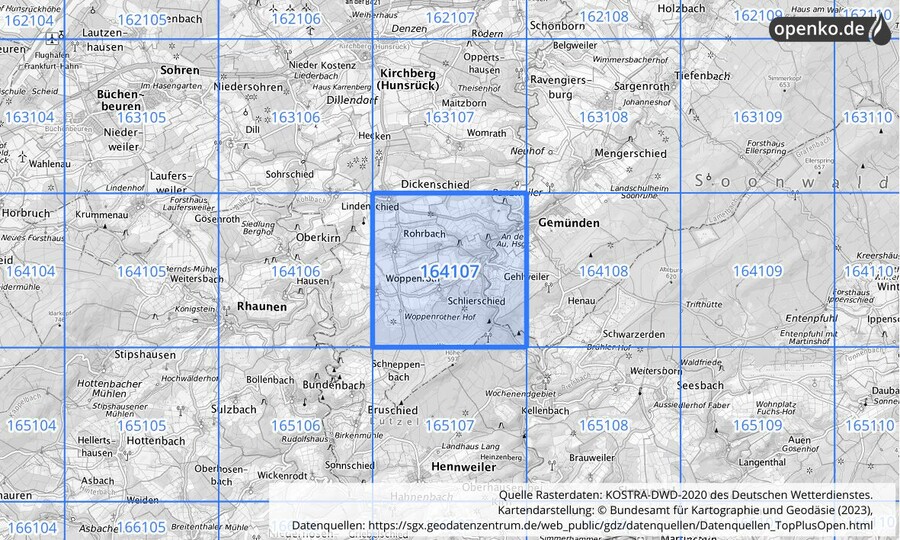 Übersichtskarte des KOSTRA-DWD-2020-Rasterfeldes Nr. 164107