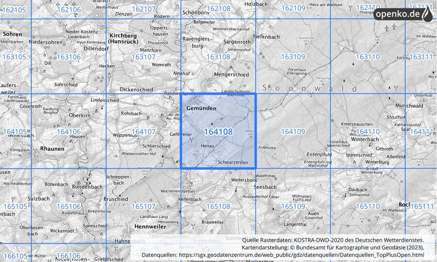 Übersichtskarte des KOSTRA-DWD-2020-Rasterfeldes Nr. 164108