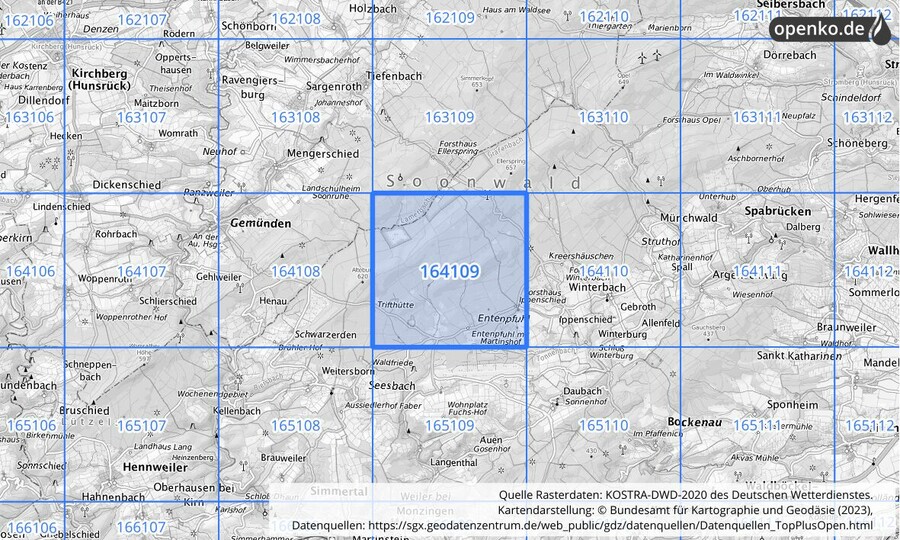 Übersichtskarte des KOSTRA-DWD-2020-Rasterfeldes Nr. 164109