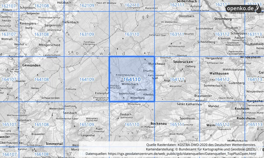 Übersichtskarte des KOSTRA-DWD-2020-Rasterfeldes Nr. 164110