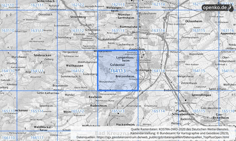 Übersichtskarte des KOSTRA-DWD-2020-Rasterfeldes Nr. 164113