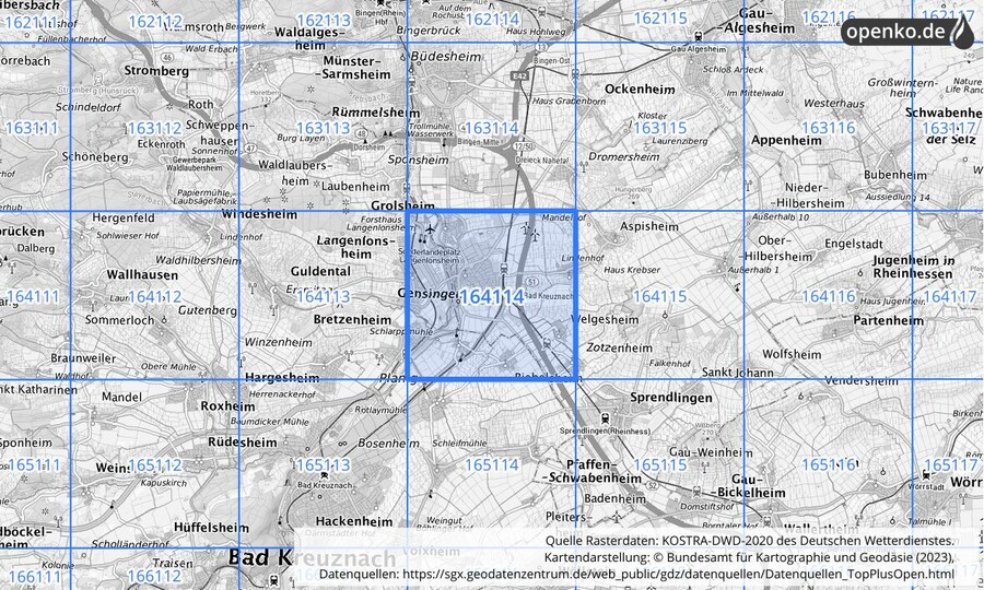 Übersichtskarte des KOSTRA-DWD-2020-Rasterfeldes Nr. 164114