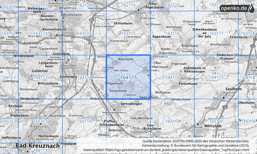 Übersichtskarte des KOSTRA-DWD-2020-Rasterfeldes Nr. 164115