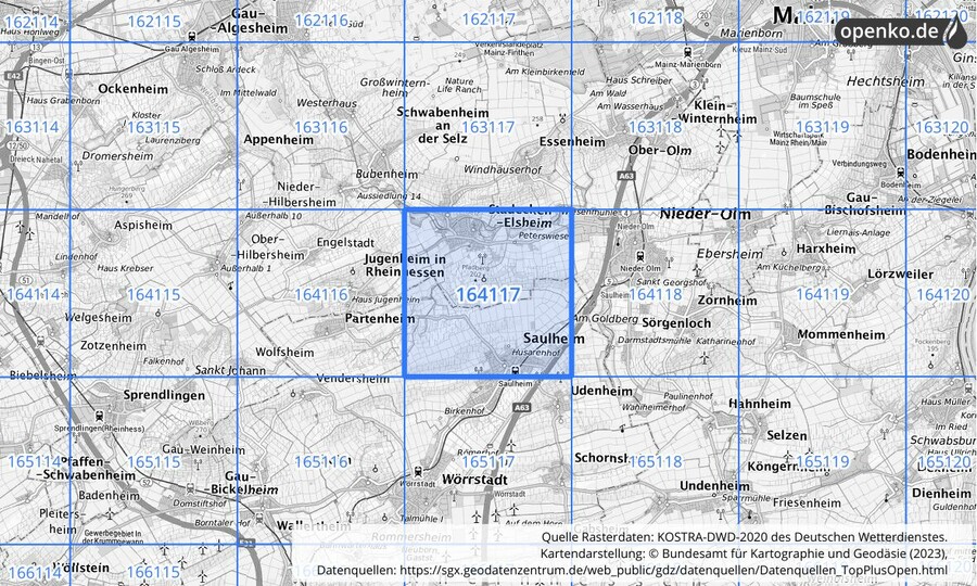 Übersichtskarte des KOSTRA-DWD-2020-Rasterfeldes Nr. 164117