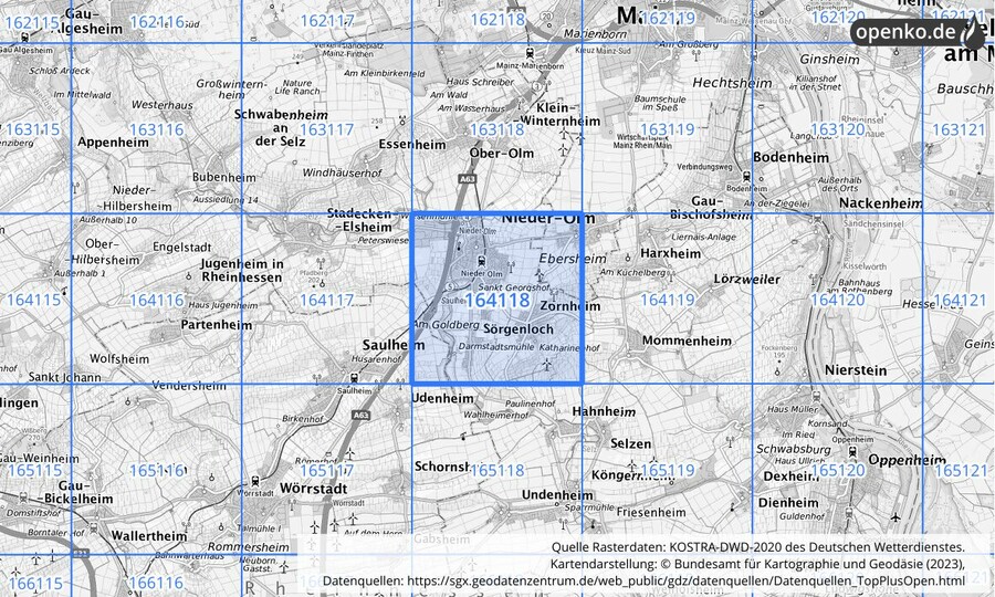 Übersichtskarte des KOSTRA-DWD-2020-Rasterfeldes Nr. 164118