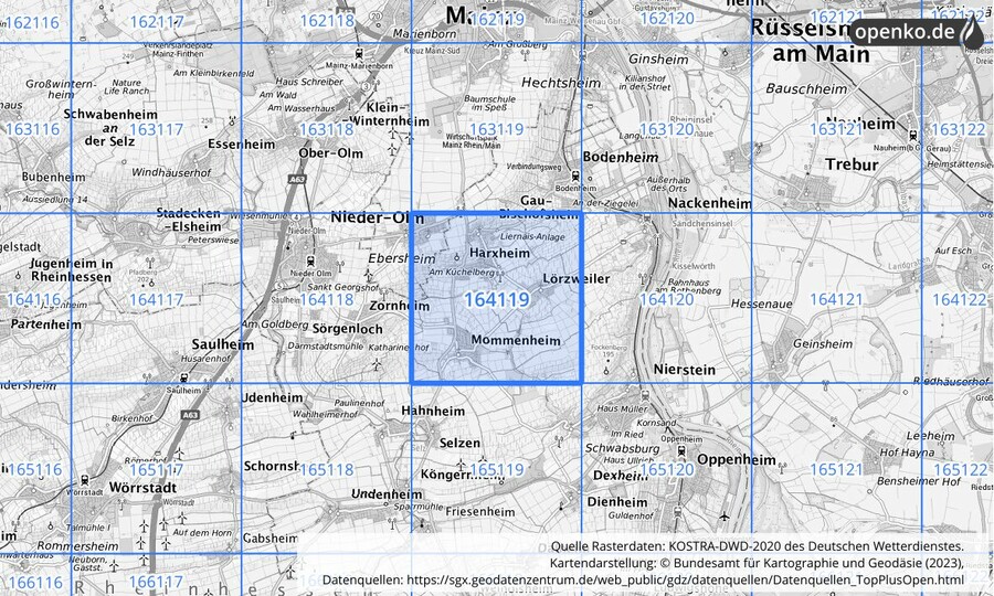 Übersichtskarte des KOSTRA-DWD-2020-Rasterfeldes Nr. 164119