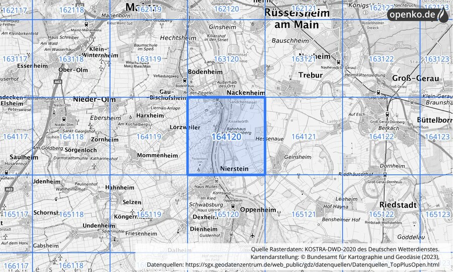 Übersichtskarte des KOSTRA-DWD-2020-Rasterfeldes Nr. 164120