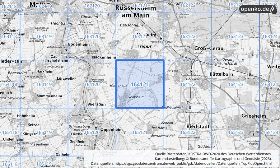 Übersichtskarte des KOSTRA-DWD-2020-Rasterfeldes Nr. 164121