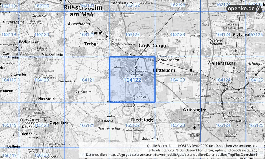 Übersichtskarte des KOSTRA-DWD-2020-Rasterfeldes Nr. 164122