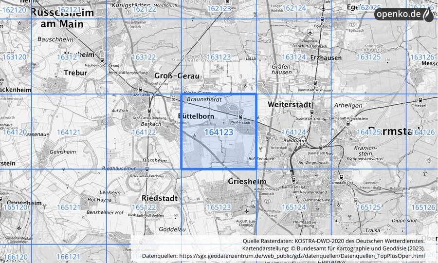 Übersichtskarte des KOSTRA-DWD-2020-Rasterfeldes Nr. 164123