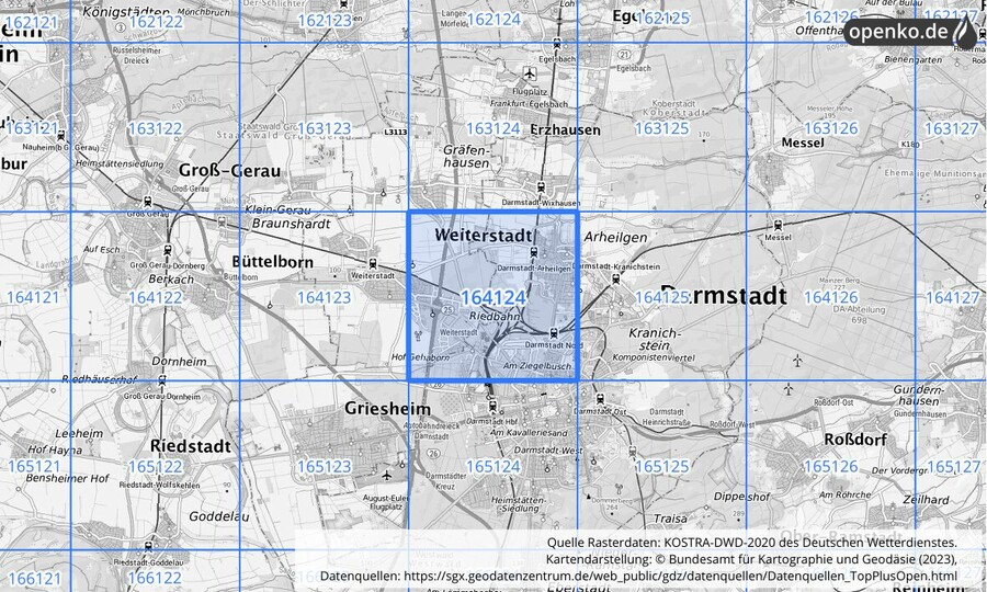 Übersichtskarte des KOSTRA-DWD-2020-Rasterfeldes Nr. 164124