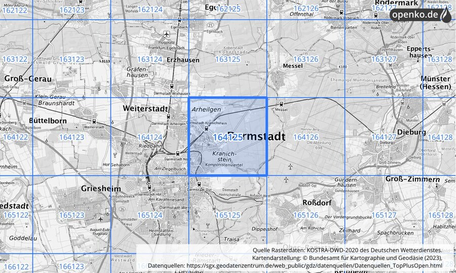Übersichtskarte des KOSTRA-DWD-2020-Rasterfeldes Nr. 164125