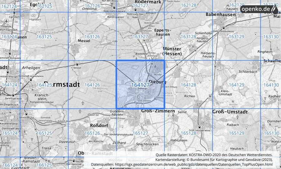 Übersichtskarte des KOSTRA-DWD-2020-Rasterfeldes Nr. 164127