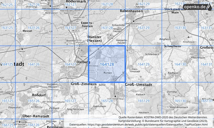 Übersichtskarte des KOSTRA-DWD-2020-Rasterfeldes Nr. 164128
