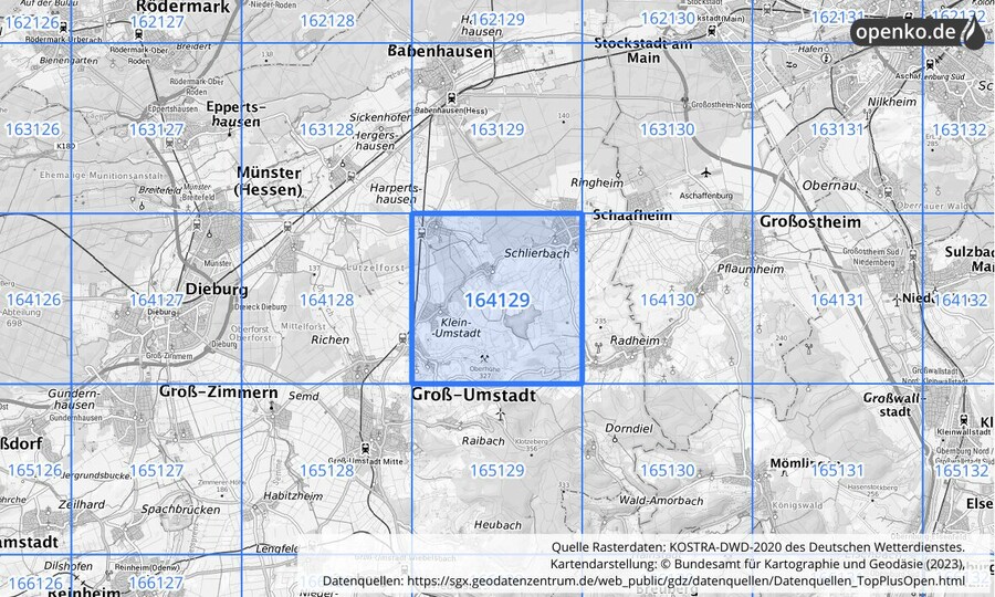 Übersichtskarte des KOSTRA-DWD-2020-Rasterfeldes Nr. 164129
