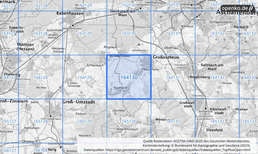 Übersichtskarte des KOSTRA-DWD-2020-Rasterfeldes Nr. 164130