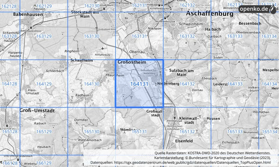 Übersichtskarte des KOSTRA-DWD-2020-Rasterfeldes Nr. 164131