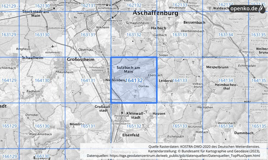 Übersichtskarte des KOSTRA-DWD-2020-Rasterfeldes Nr. 164132