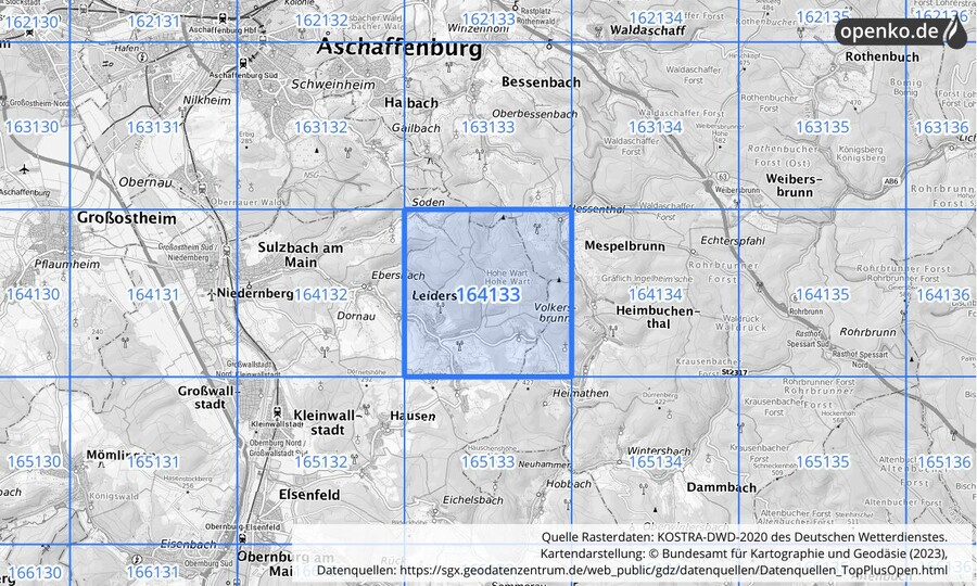 Übersichtskarte des KOSTRA-DWD-2020-Rasterfeldes Nr. 164133