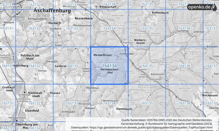 Übersichtskarte des KOSTRA-DWD-2020-Rasterfeldes Nr. 164134