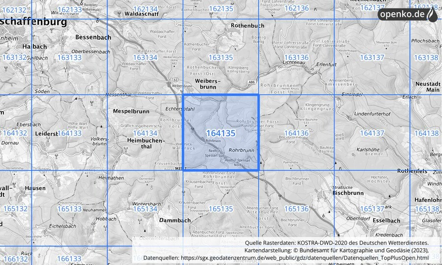 Übersichtskarte des KOSTRA-DWD-2020-Rasterfeldes Nr. 164135