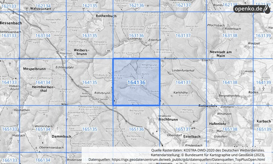 Übersichtskarte des KOSTRA-DWD-2020-Rasterfeldes Nr. 164136