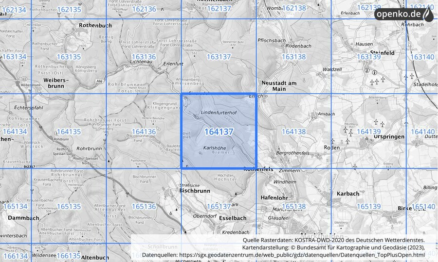 Übersichtskarte des KOSTRA-DWD-2020-Rasterfeldes Nr. 164137