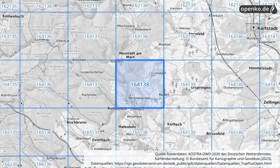 Übersichtskarte des KOSTRA-DWD-2020-Rasterfeldes Nr. 164138