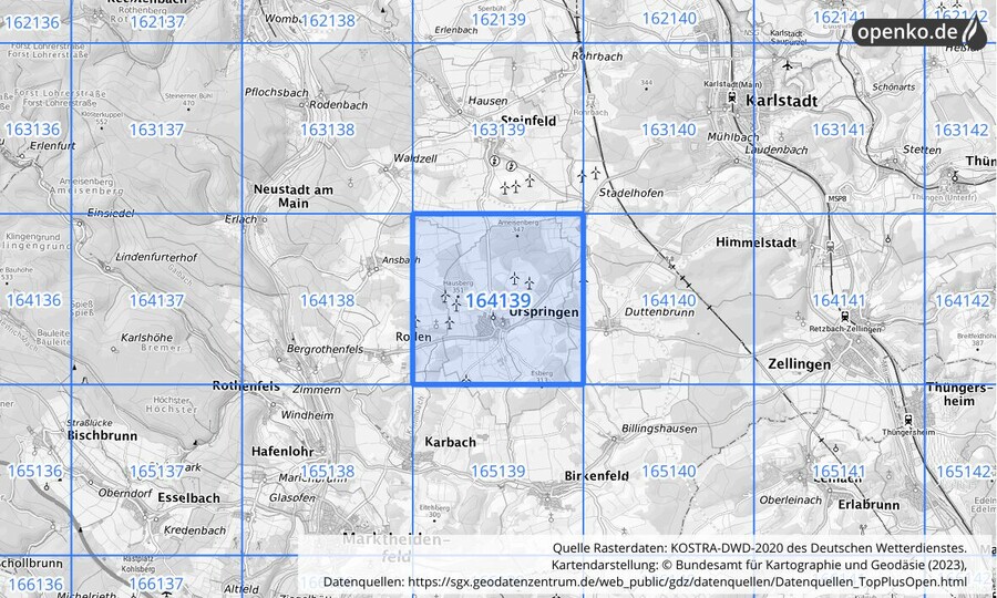Übersichtskarte des KOSTRA-DWD-2020-Rasterfeldes Nr. 164139