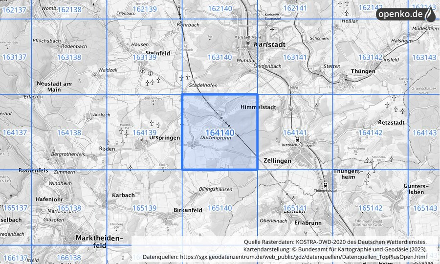 Übersichtskarte des KOSTRA-DWD-2020-Rasterfeldes Nr. 164140