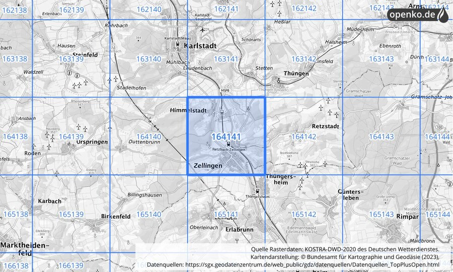 Übersichtskarte des KOSTRA-DWD-2020-Rasterfeldes Nr. 164141