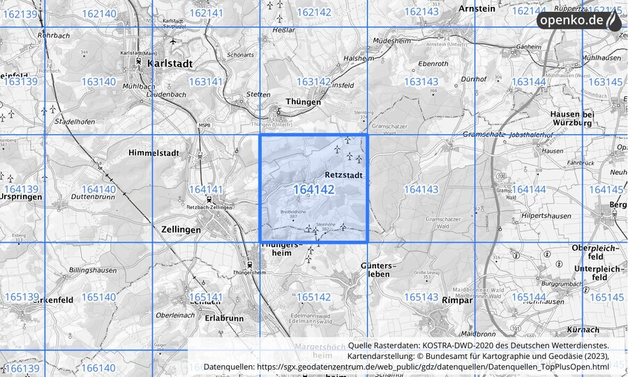 Übersichtskarte des KOSTRA-DWD-2020-Rasterfeldes Nr. 164142