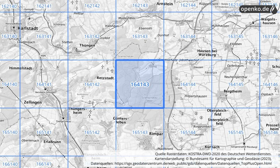 Übersichtskarte des KOSTRA-DWD-2020-Rasterfeldes Nr. 164143