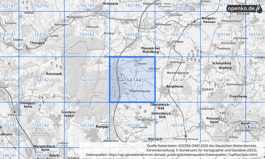 Übersichtskarte des KOSTRA-DWD-2020-Rasterfeldes Nr. 164144