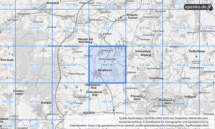 Übersichtskarte des KOSTRA-DWD-2020-Rasterfeldes Nr. 164145